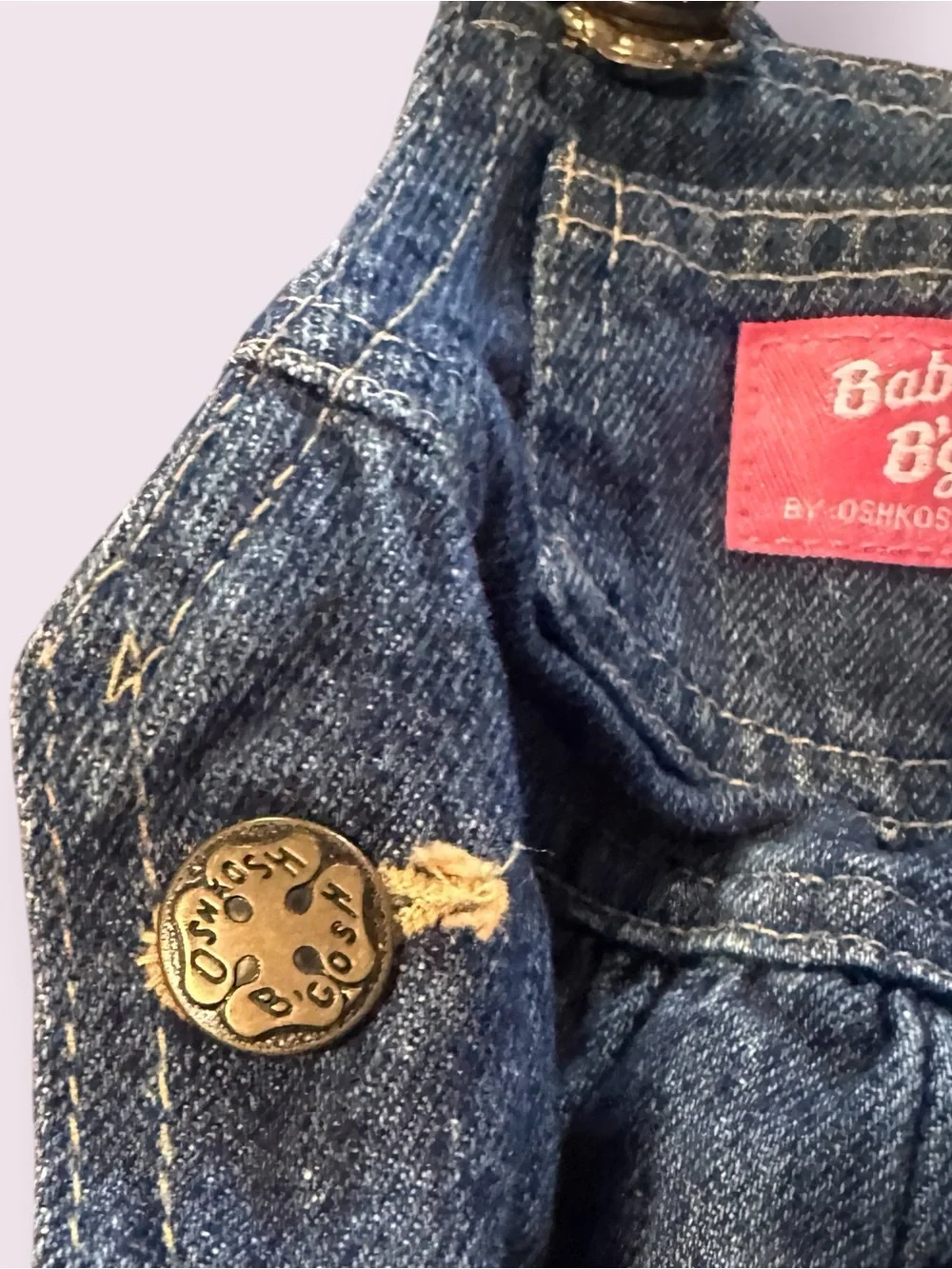 Vintage Baby OshKosh B'Gosh Denim Overalls in Dark Blue Pink Logo Sz 12 Mon